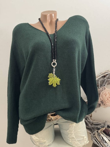 V-Neck Flausch Pullover Pulli flaschengrün 40-44 Neu Tunika Made in Italy