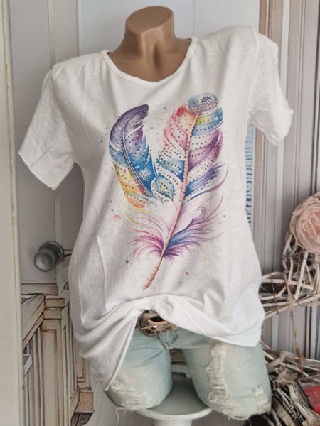T-Shirt Tunika Multicolour Federn Print Baumwolle Nieten Made in Italy 36 38 40 42