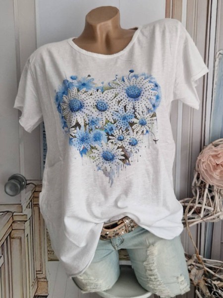 T-Shirt Tunika Margeriten weiss blau Baumwolle Nieten Made in Italy 36 38 40 42