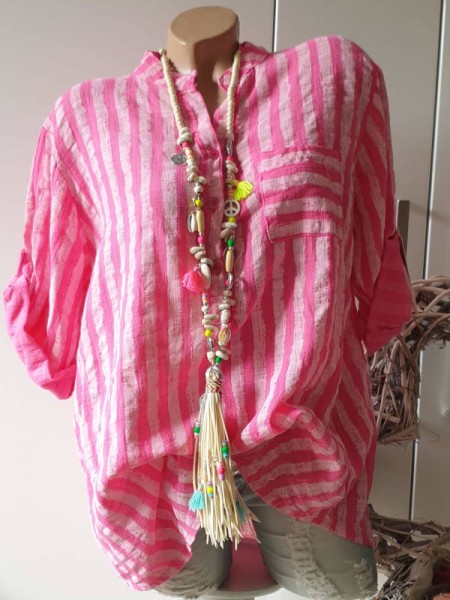 Fischerhemd Tunika Bluse Made in Italy Musselin Baumwolle weiss pink gestreift Hemdbluse Bluse 38-42