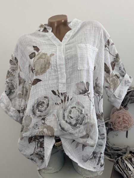 Italy Bluse Tunika Hemd Fischerhemd weiss Rosen NEU 38-44