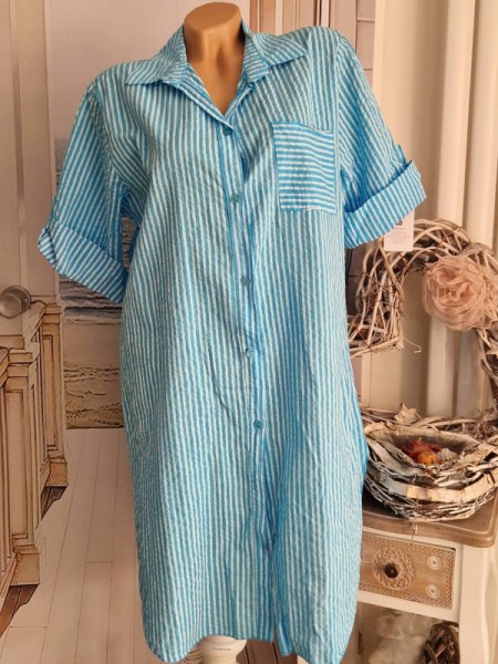 Long Hemdbluse Bluse Hemdblusenkleid Made in Italy türkis/weiss Leinenoptik 38-42