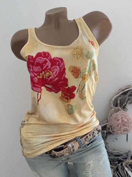 MISSY L 40 Trägertop Top Longtop gelb Blumen Print Nieten Neu