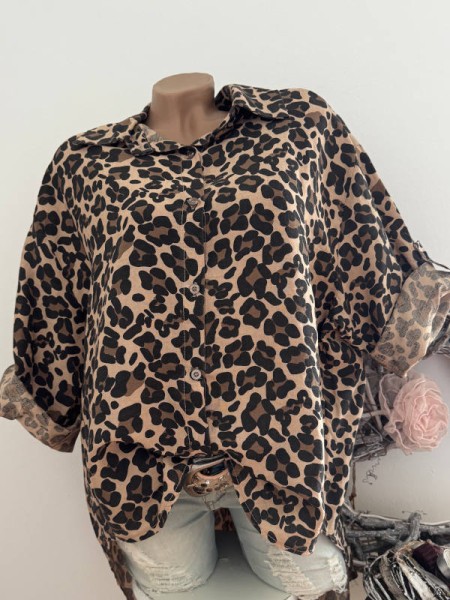 Long Tunika 38-44 Hemdbluse Bluse Italy Mode NEU beige leo