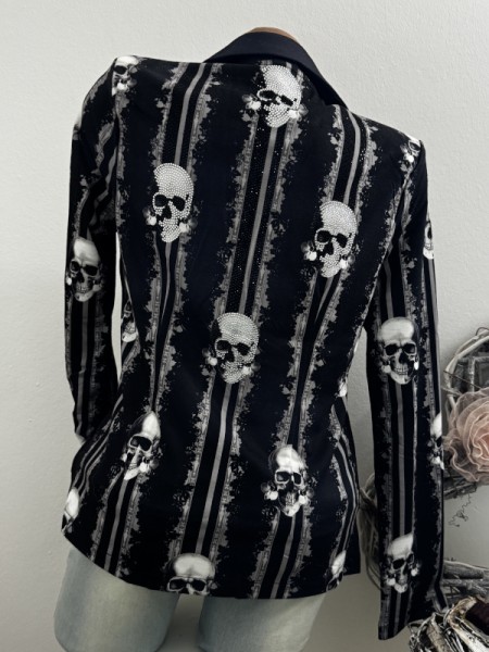 Blazer MISSY L 40 Jackett Kurzblazer schwarz weiss kleine Totenköpfe Skull Motive Glitzer Nieten Neu
