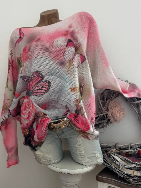 Tunika 38-44 Fledermausarm rosa bunt Schmetterlinge Print Feinstrick Pulli NEU Made in Italy