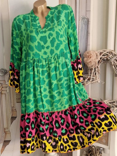 Kleid 38-42 grün gelb pink Leo V-Neck Hänger Empirekleid NEU