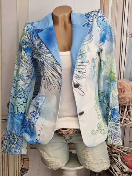 Blazer MISSY M 38 Kurzblazer weiss zart blau himmelblau grün gemustert Nieten Neu