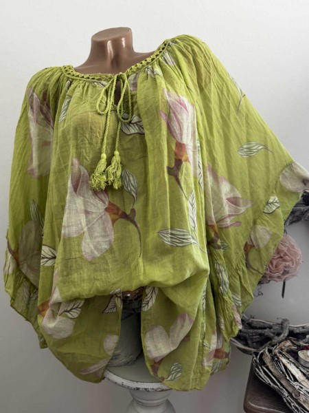 weite Ärmel limetten grün Tunika Bluse 38-48 Baumwolle Made in Italy