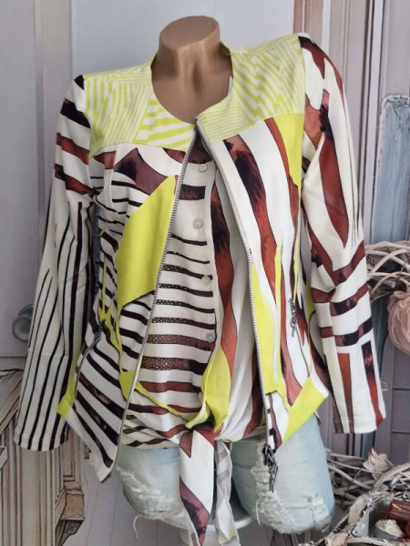 Zipperjacke MISSY Jacke L 40 weiss neongelb braun Streifen Print 2-Wege Zipper NEU