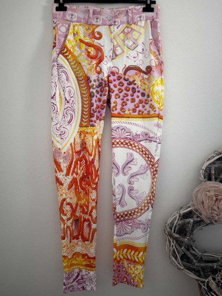 Hose MISSY L 40 Knopfleiste orange weiss fliederlila Ornamente Glitzernieten Neu