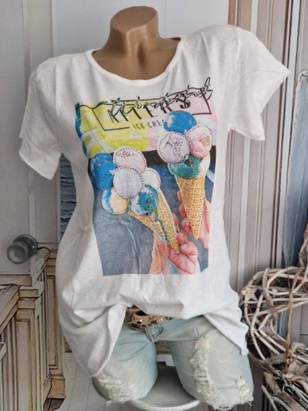 T-Shirt Tunika Eismotiv Print Baumwolle Nieten Made in Italy 36 38 40 42