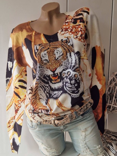 Feinstrick Pulli M/L 38 40 Pullover MISSY NEU TIGERPRINT Glitzer Steinchen
