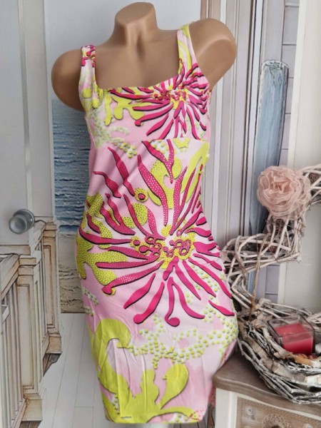 M 38 buntes MISSY Kleid Ärmellos tailliert Neu hinten Reissverschluss bunt Glitzer
