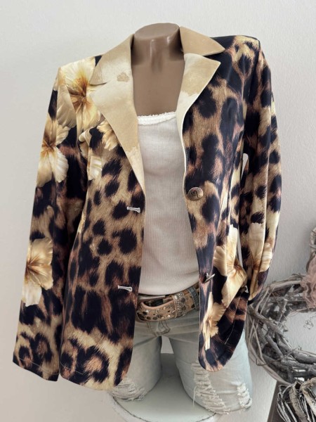 Blazer MISSY M 38 Kurzblazer Animal Leo mit Blumenprint Glitzer Neue Kollektion