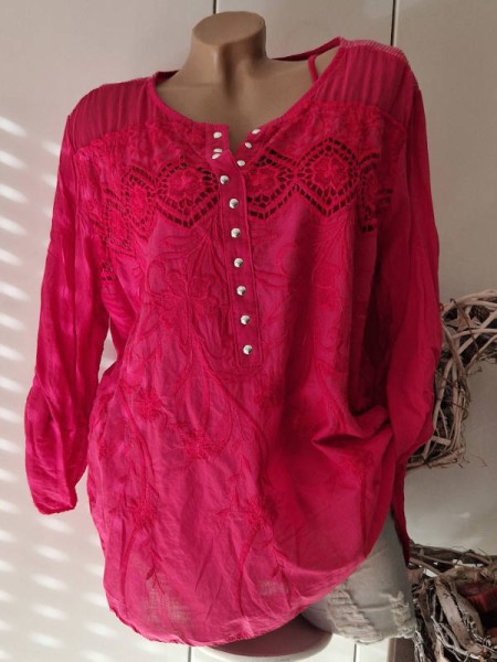 magenta pink Tunika Bluse Hemdbluse Nietenleiste 2tlg Stickerei Baumwolle 38-42 Made in Italy