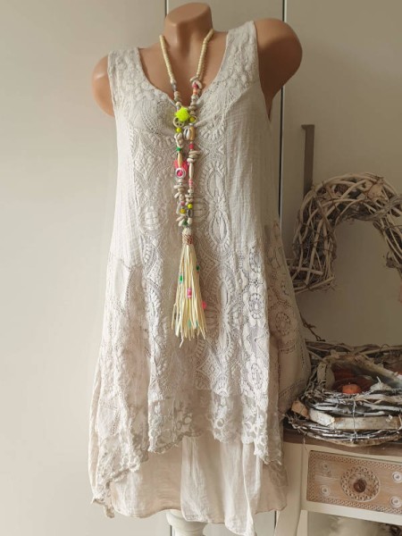 Musselin Stufenkleid Dress 38-42 Made in Italy Lagenlook Tunika Kleid beige 2-lagig Stickerei Spitze