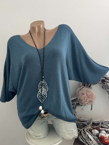 Oversized Italy 38-42 Fledermausarm petrol Tunika Glattstrick Pullover 1/2 Arm