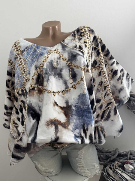 MISSY Feinstrick Tunika Fledermausarm 38-44 jeans bunt gemustert Neu Glitzer Nieten